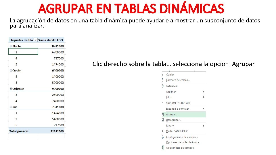 AGRUPAR EN TABLAS DINÁMICAS La agrupación de datos en una tabla dinámica puede ayudarle
