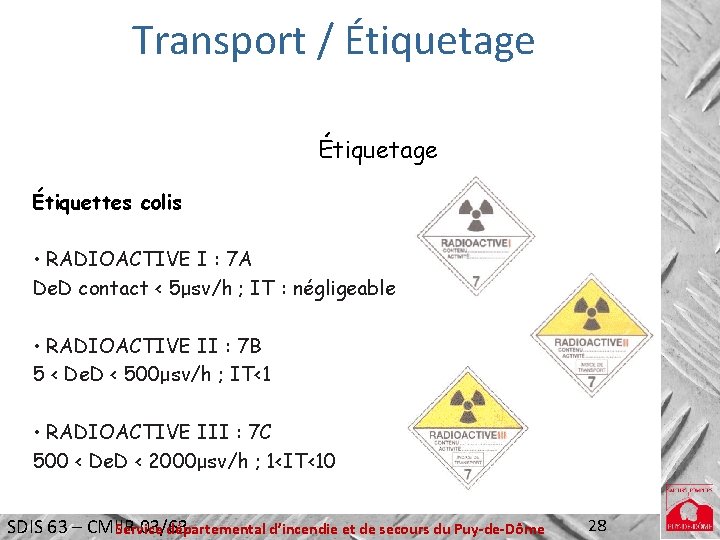 Transport / Étiquetage Étiquettes colis • RADIOACTIVE I : 7 A De. D contact