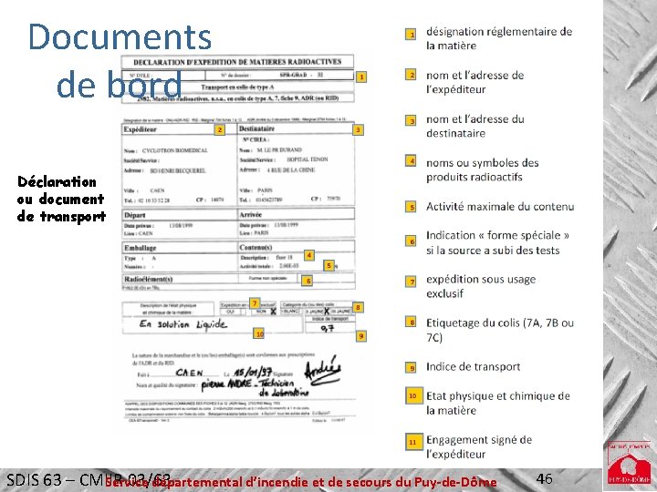 Documents de bord Déclaration ou document de transport SDIS 63 – CMIIR 03/63 Service