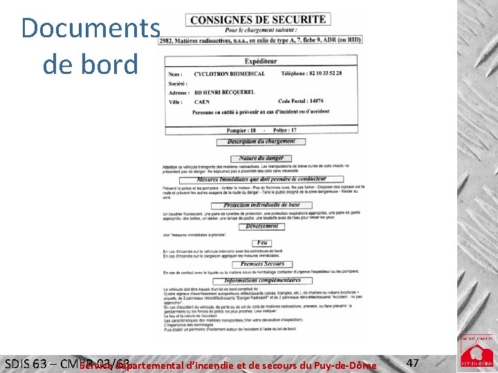 Documents de bord SDIS 63 – CMIIR 03/63 Service départemental d’incendie et de secours
