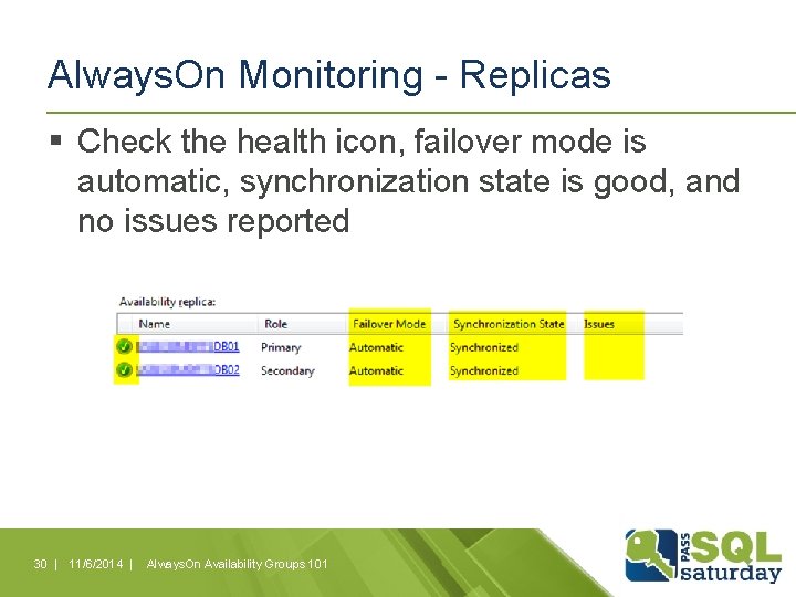Always. On Monitoring - Replicas § Check the health icon, failover mode is automatic, Always. On Monitoring - Replicas § Check the health icon, failover mode is automatic,