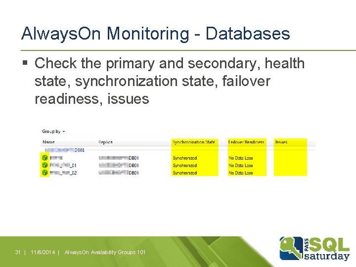 Always. On Monitoring - Databases § Check the primary and secondary, health state, synchronization Always. On Monitoring - Databases § Check the primary and secondary, health state, synchronization