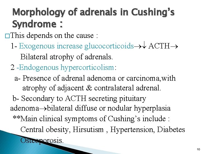Morphology of adrenals in Cushing’s Syndrome : � This depends on the cause :