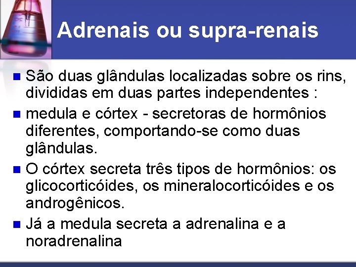 Adrenais ou supra-renais São duas glândulas localizadas sobre os rins, divididas em duas partes