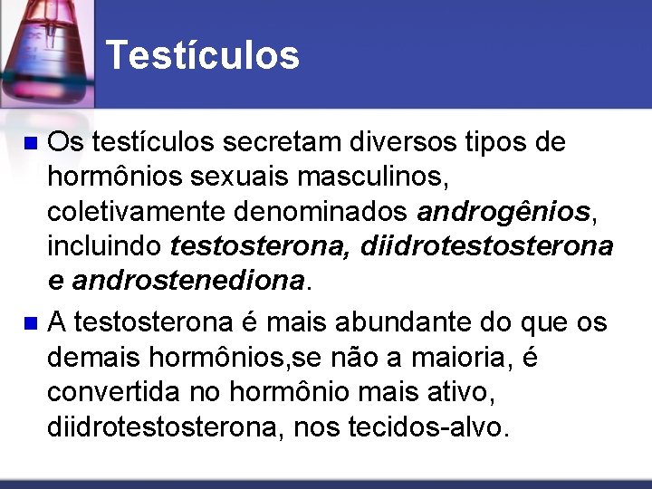 Testículos Os testículos secretam diversos tipos de hormônios sexuais masculinos, coletivamente denominados androgênios, incluindo