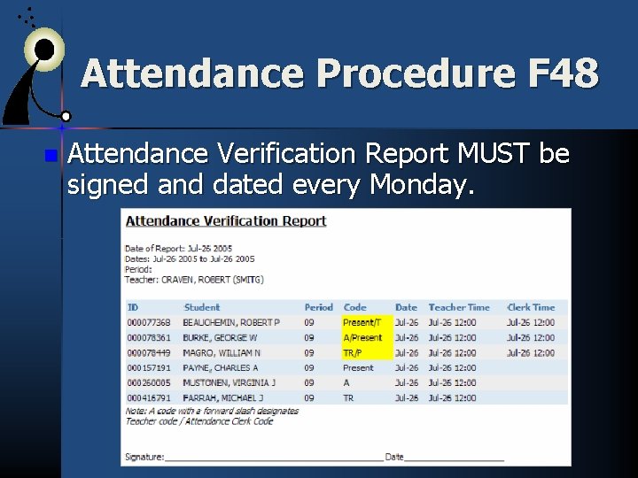 Attendance Procedure F 48 n Attendance Verification Report MUST be signed and dated every