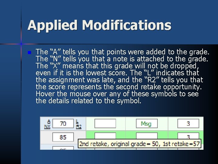 Applied Modifications n The “A” tells you that points were added to the grade.