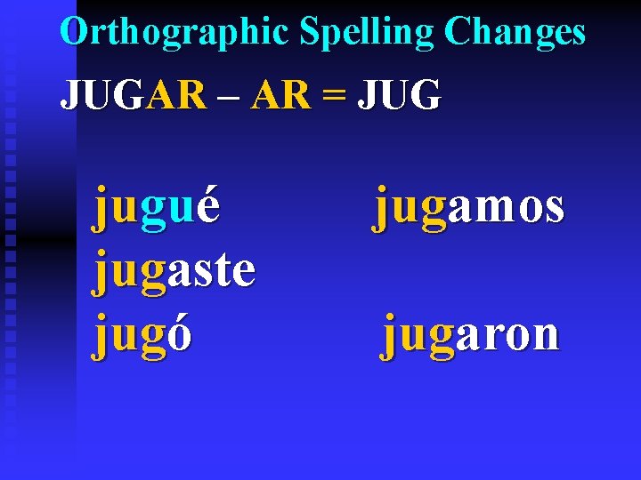 Orthographic Spelling Changes JUGAR – AR = JUG jugué jugaste jugó jugamos jugaron 