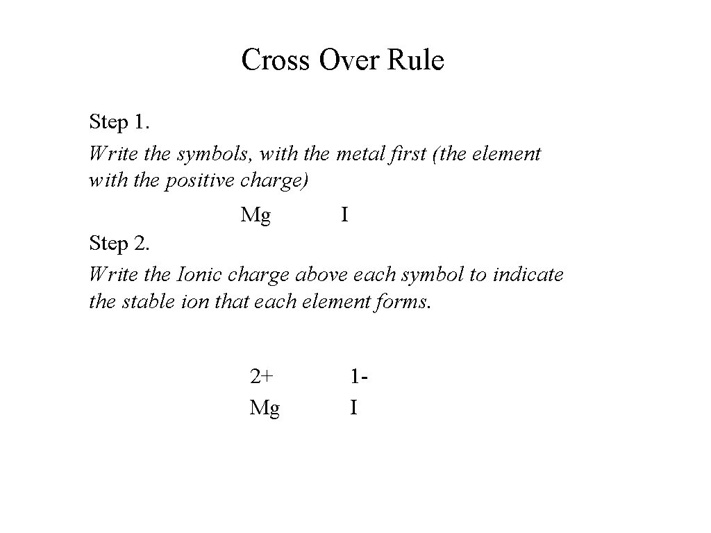 Cross Over Rule Step 1. Write the symbols, with the metal first (the element