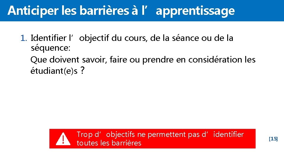 Anticiper les barrières à l’apprentissage 1. Identifier l’objectif du cours, de la séance ou