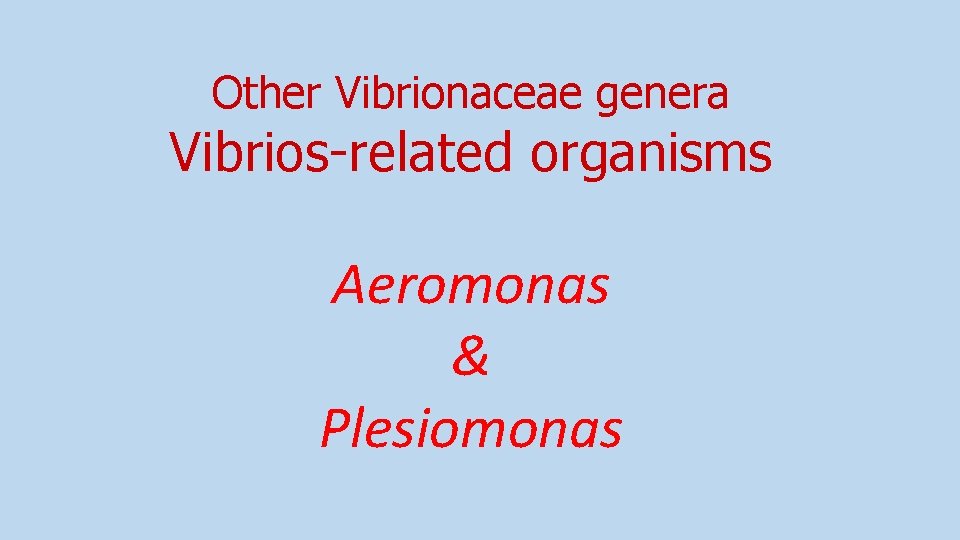 Other Vibrionaceae genera Vibrios-related organisms Aeromonas & Plesiomonas 