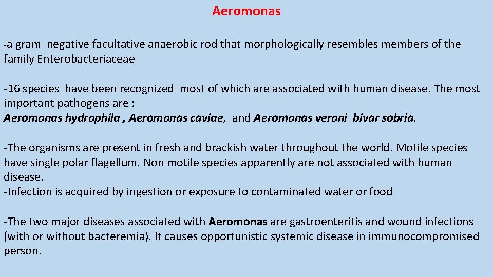 Aeromonas -a gram negative facultative anaerobic rod that morphologically resembles members of the family