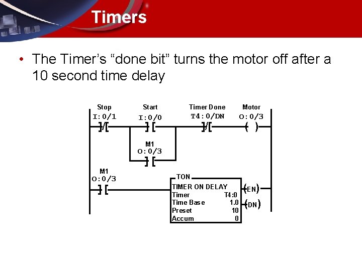 Timers • The Timer’s “done bit” turns the motor off after a 10 second