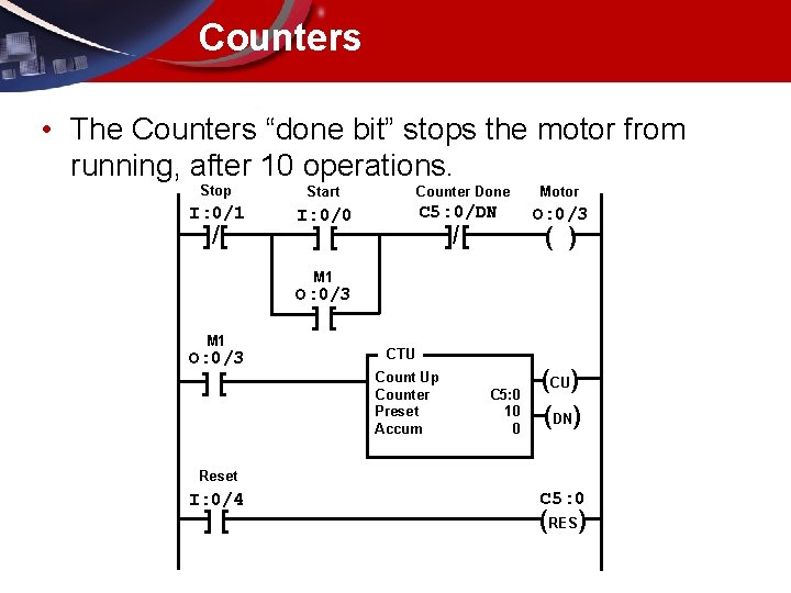 Counters • The Counters “done bit” stops the motor from running, after 10 operations.