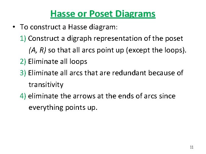 Hasse or Poset Diagrams • To construct a Hasse diagram: 1) Construct a digraph