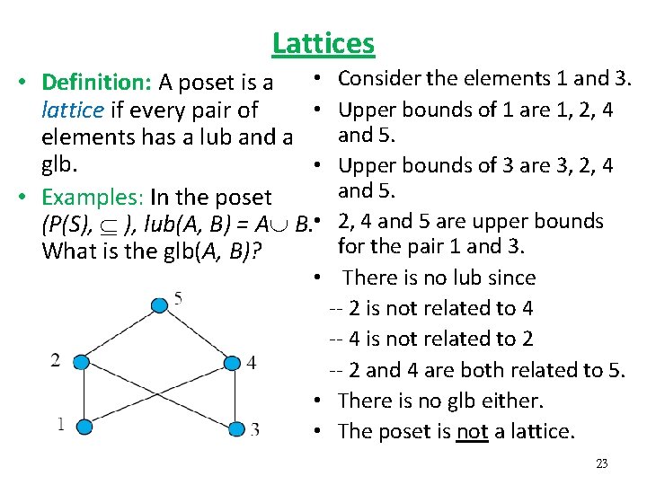 Lattices Consider the elements 1 and 3. Upper bounds of 1 are 1, 2,