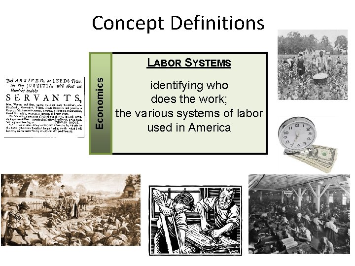 Concept Definitions Economics LABOR SYSTEMS identifying who does the work; the various systems of