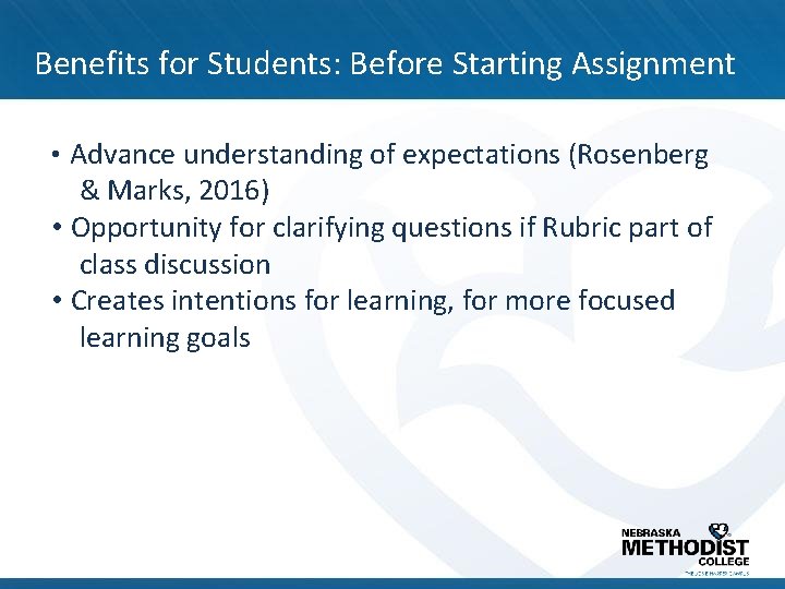 Benefits for Students: Before Starting Assignment • Advance understanding of expectations (Rosenberg & Marks,