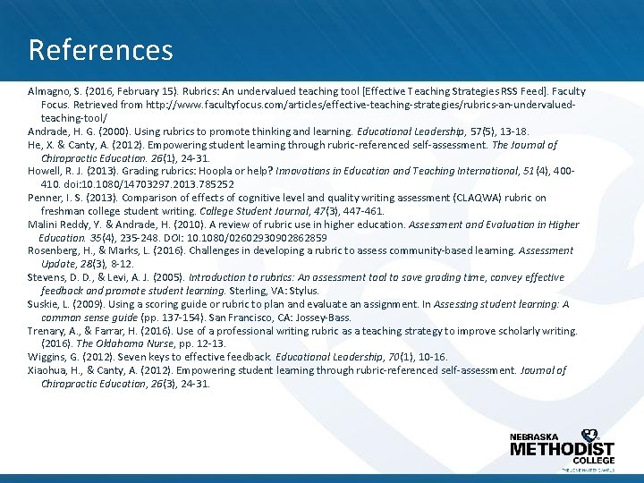 References Almagno, S. (2016, February 15). Rubrics: An undervalued teaching tool [Effective Teaching Strategies