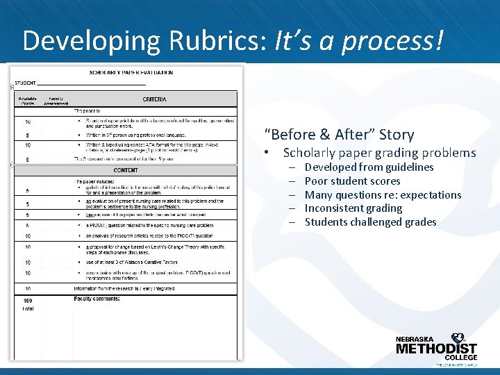 Developing Rubrics: It’s a process! “Before & After” Story • Scholarly paper grading problems