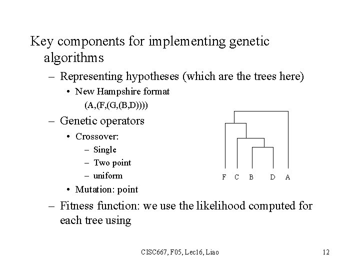 Key components for implementing genetic algorithms – Representing hypotheses (which are the trees here)