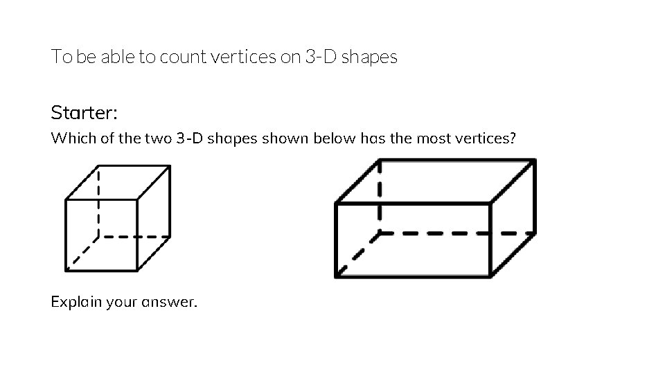 To be able to count vertices on 3 -D shapes Starter: Which of the