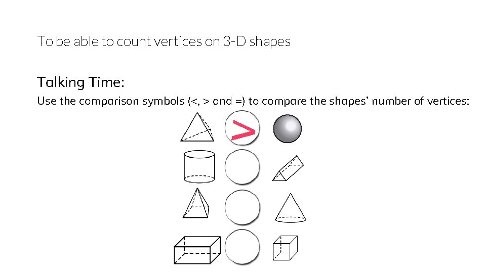 To be able to count vertices on 3 -D shapes Talking Time: Use the