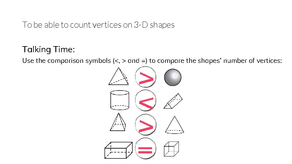 To be able to count vertices on 3 -D shapes Talking Time: Use the