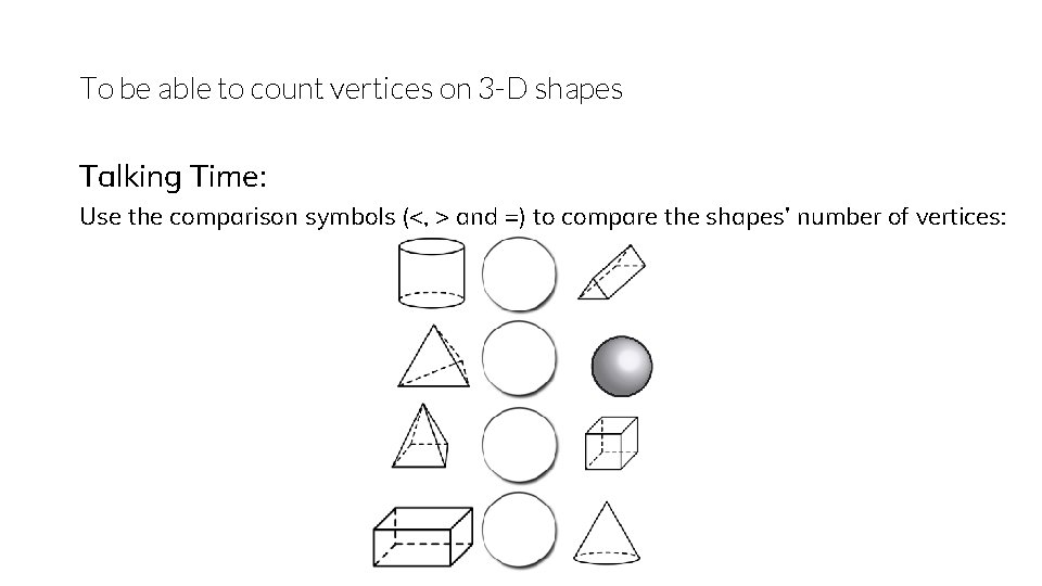 To be able to count vertices on 3 -D shapes Talking Time: Use the