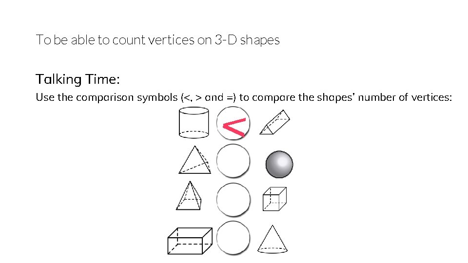 To be able to count vertices on 3 -D shapes Talking Time: Use the