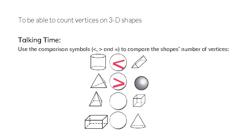 To be able to count vertices on 3 -D shapes Talking Time: Use the