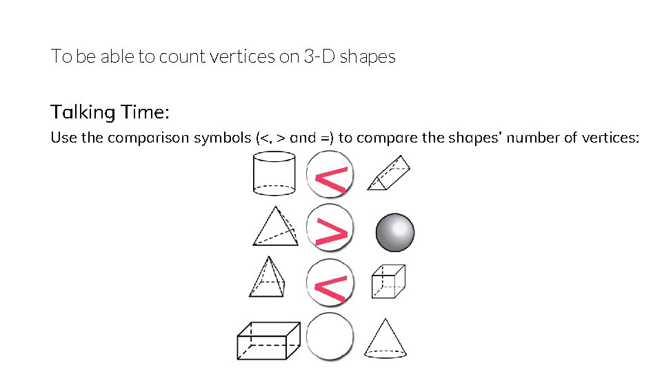 To be able to count vertices on 3 -D shapes Talking Time: Use the