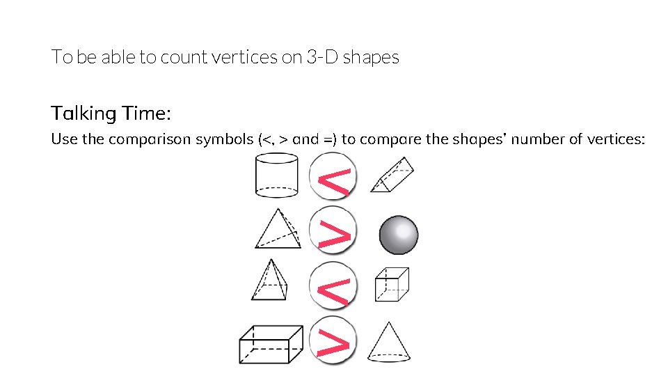 To be able to count vertices on 3 -D shapes Talking Time: Use the