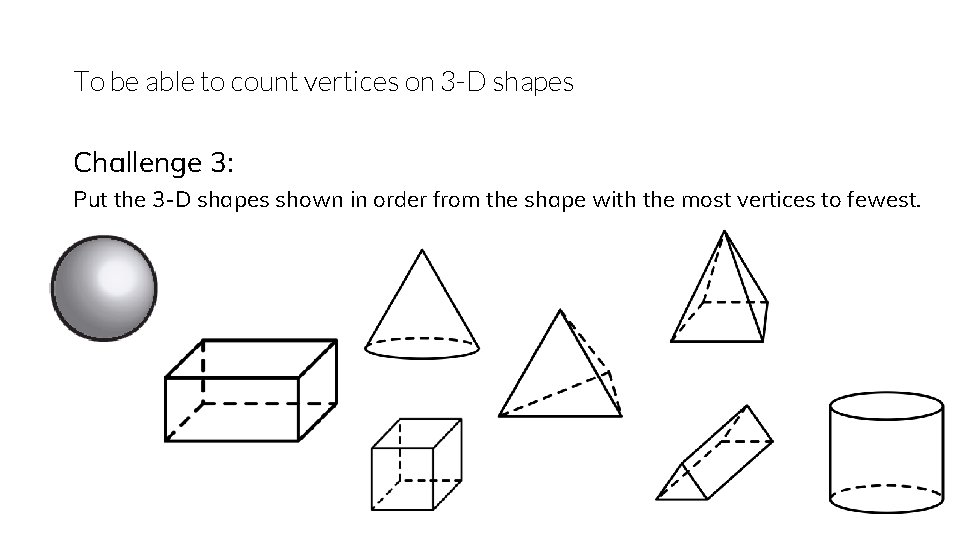 To be able to count vertices on 3 -D shapes Challenge 3: Put the