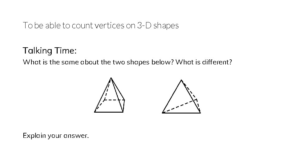 To be able to count vertices on 3 -D shapes Talking Time: What is