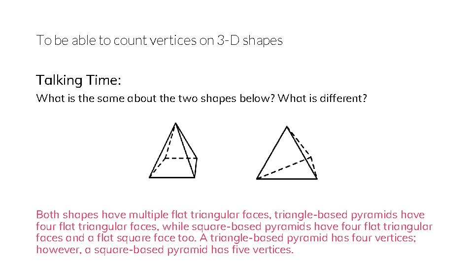 To be able to count vertices on 3 -D shapes Talking Time: What is
