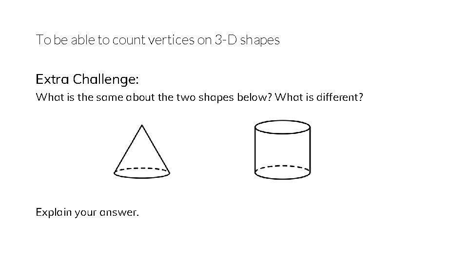 To be able to count vertices on 3 -D shapes Extra Challenge: What is