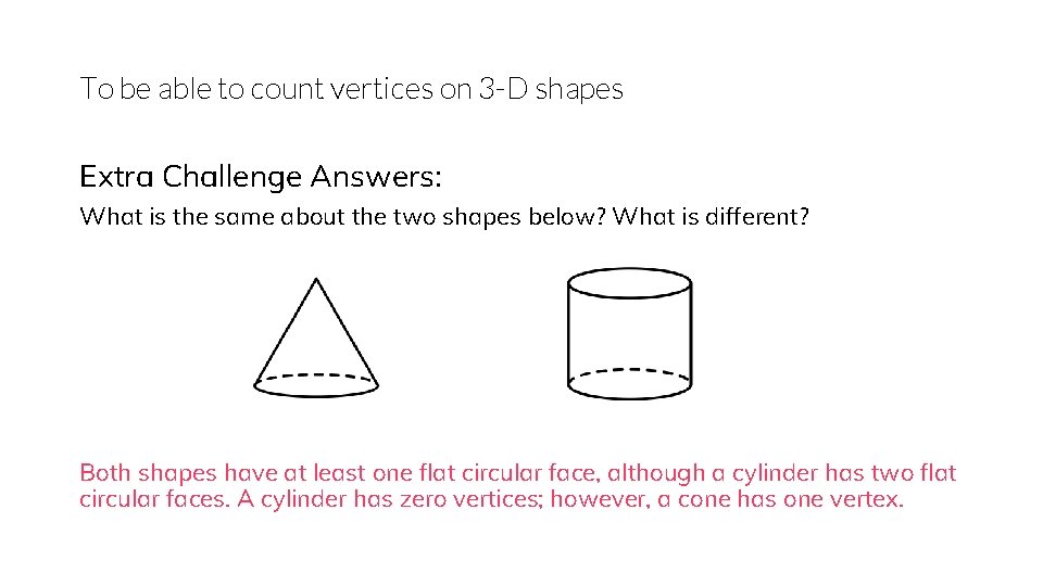 To be able to count vertices on 3 -D shapes Extra Challenge Answers: What