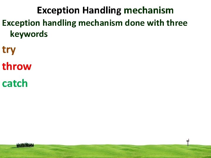 Exception Handling mechanism Exception handling mechanism done with three keywords try throw catch 7