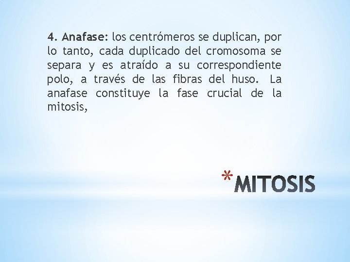 4. Anafase: los centrómeros se duplican, por lo tanto, cada duplicado del cromosoma se