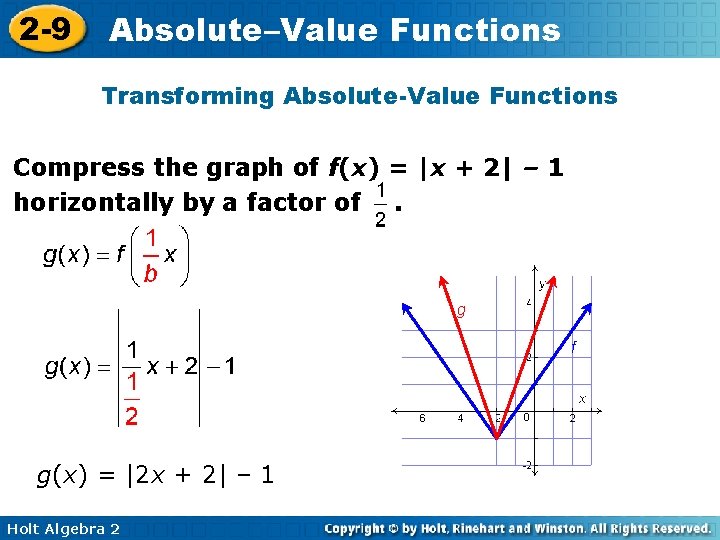 2 -9 Absolute–Value Functions Transforming Absolute-Value Functions Compress the graph of f(x) = |x 2 -9 Absolute–Value Functions Transforming Absolute-Value Functions Compress the graph of f(x) = |x