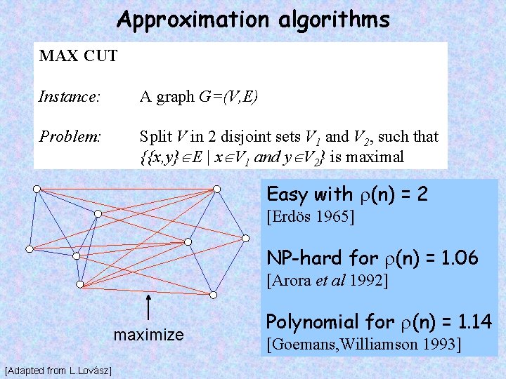 Approximation algorithms MAX CUT Instance: A graph G=(V, E) Problem: Split V in 2