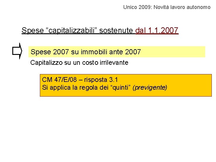 Unico 2009: Novità lavoro autonomo Spese “capitalizzabili” sostenute dal 1. 1. 2007 Spese 2007