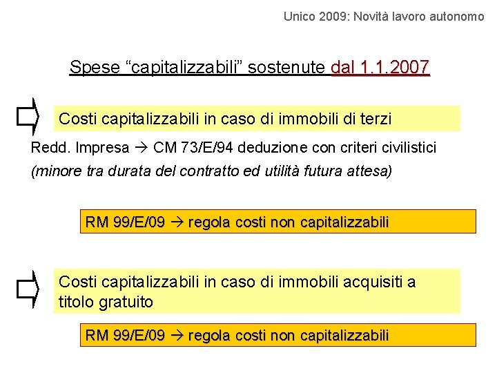 Unico 2009: Novità lavoro autonomo Spese “capitalizzabili” sostenute dal 1. 1. 2007 Costi capitalizzabili