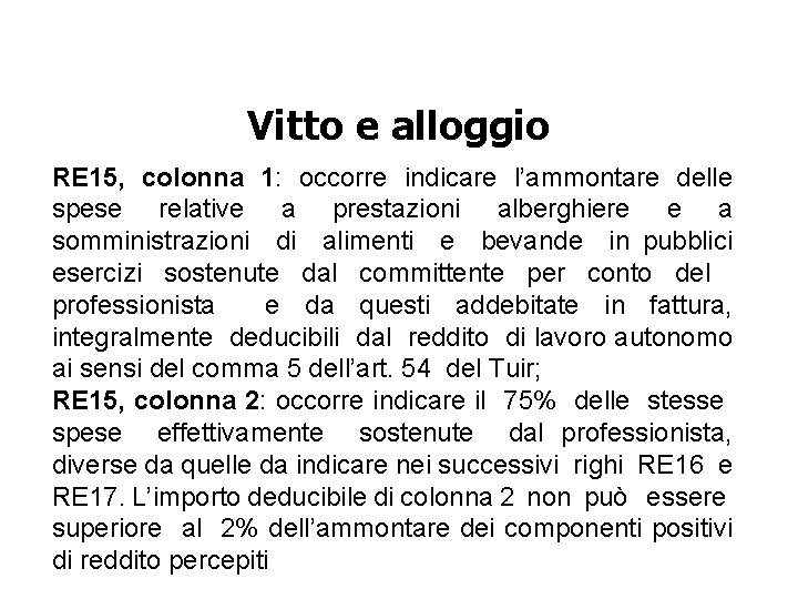 Vitto e alloggio RE 15, colonna 1: occorre indicare l’ammontare delle spese relative a