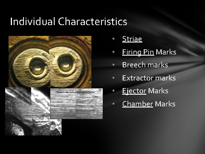 Individual Characteristics • Striae • Firing Pin Marks • Breech marks • Extractor marks