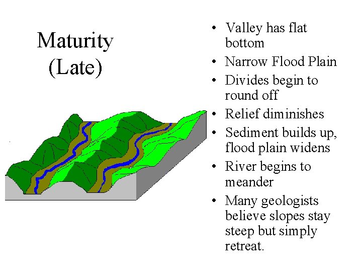 Maturity (Late) • Valley has flat bottom • Narrow Flood Plain • Divides begin