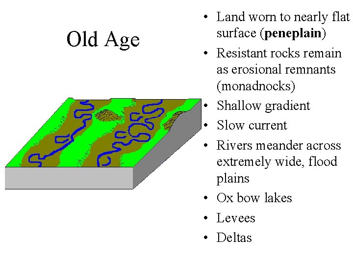 Old Age • Land worn to nearly flat surface (peneplain) • Resistant rocks remain