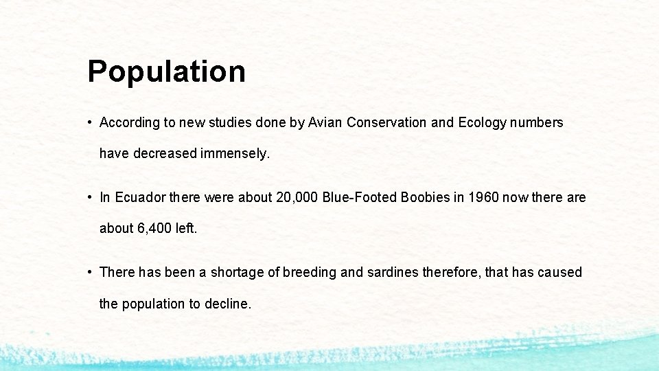 Population • According to new studies done by Avian Conservation and Ecology numbers have