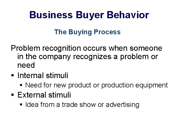 Business Buyer Behavior The Buying Process Problem recognition occurs when someone in the company